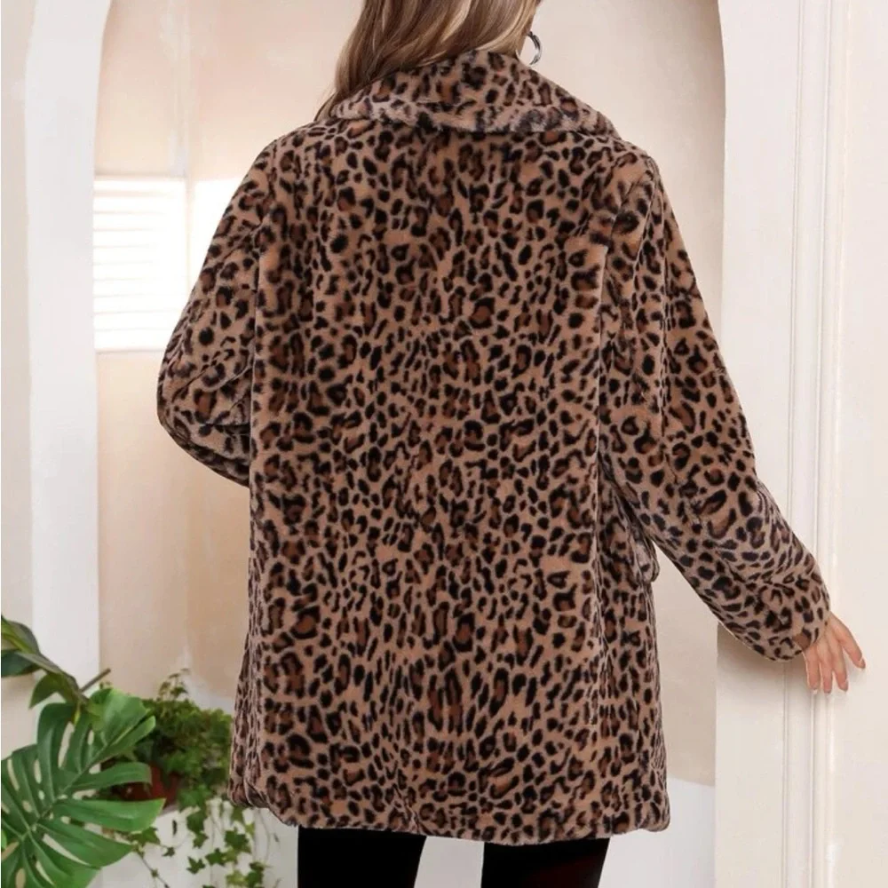 Luxe Faux Vegan Fur Leopard Print Oversized Coat Jacket - Picture 2 of 8